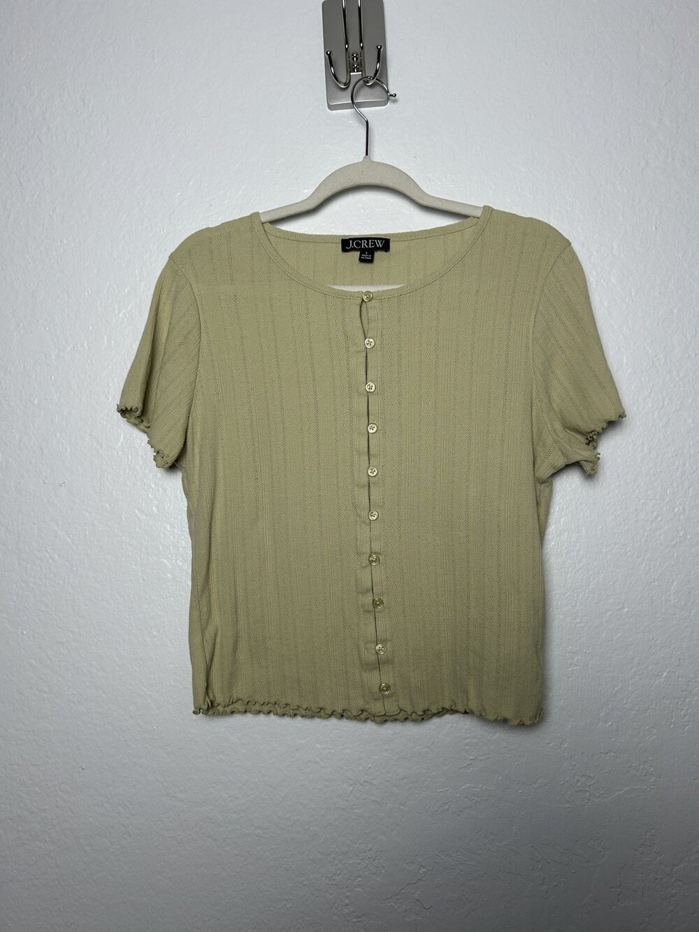 J. Crew Pointelle Short-Sleeve Knit Cardigan in Khaki Green Size Large Y2K, 90s